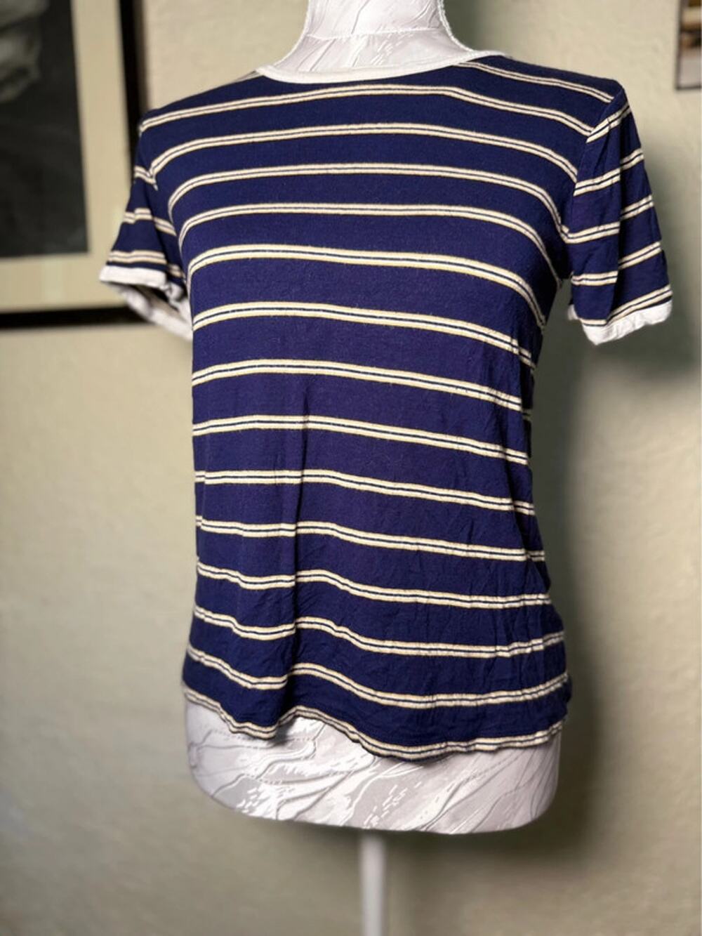 Pink Republic Striped Ringer Tee Navy Blue Yellow Size Small S